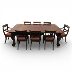 19th century mahogany extending dining table and eight chairs, rectangular top with rounde...