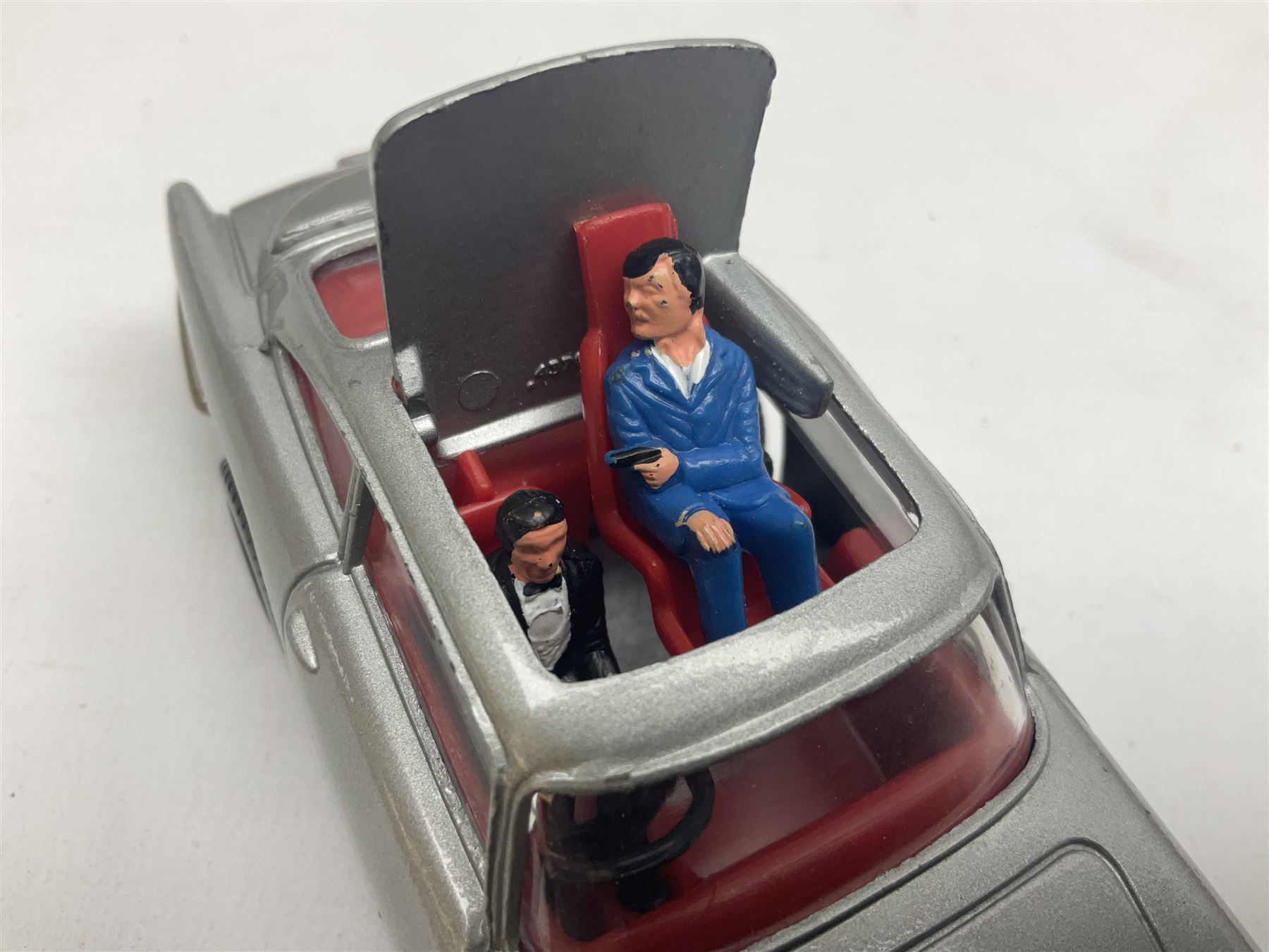 Corgi - die-cast model of James Bond Aston Martin DB5 No.271 with silver body and red interior, gold bumpers and four-spoke wheels, James Bond and two bandit figures; original window box with header card; and Dinky Shado 2 Mobile with one missile No.353; in window box (2)