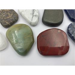 Fifteen mineral specimens, each cut and polished to highlight natural formations, including lapis lazuli, rose quartz, green aventurine, jasper, black obsidian etc, L4cm