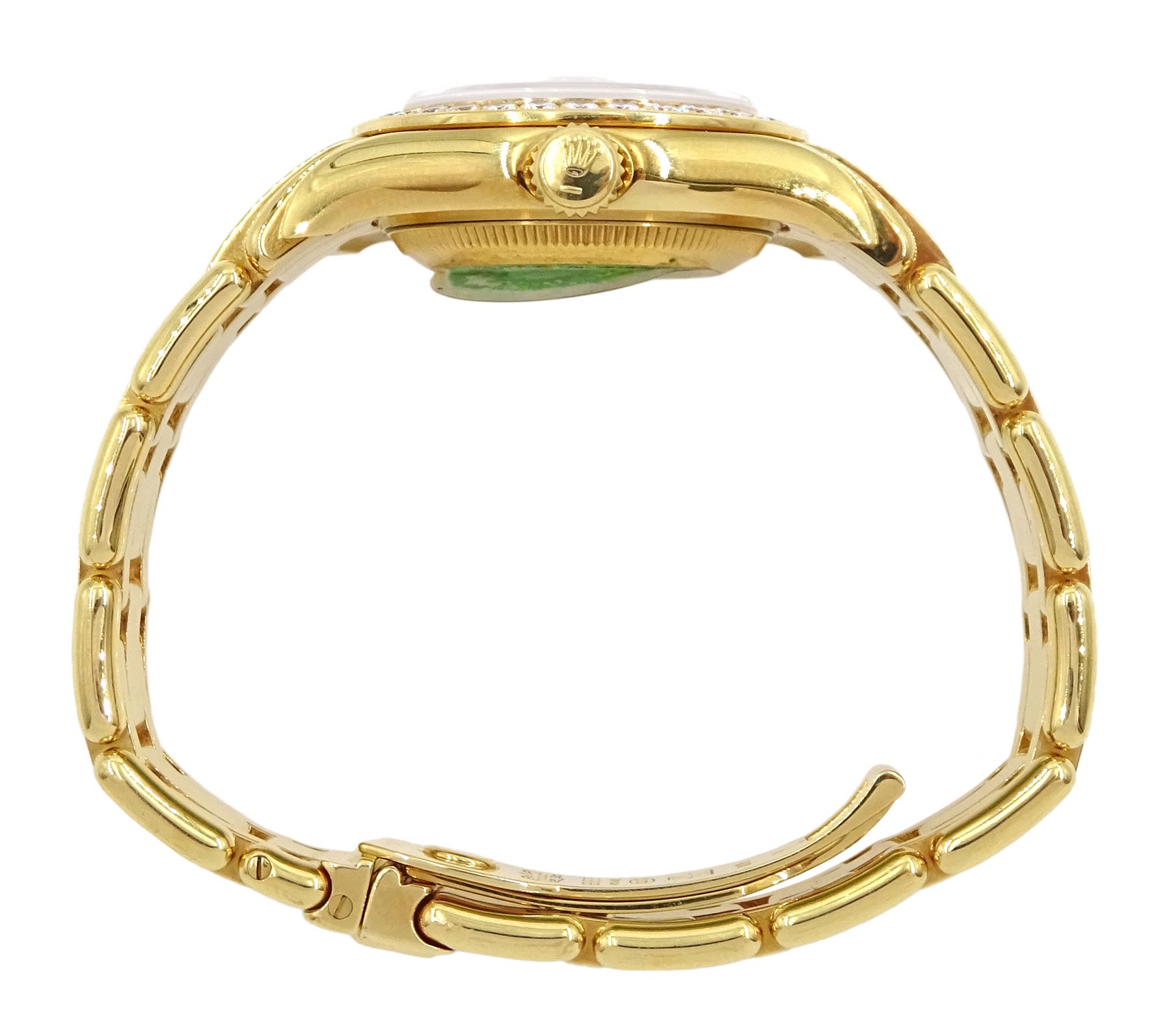 Rolex Oyster Perpetual Datejust Pearlmaster ladies 18ct gold automatic wristwatch, Ref. 69298, Serial No. T293223, champagne dial with diamond hour markers and diamond set bezel, on original 18ct Pearlmaster bracelet with fold-over clasp, with papers