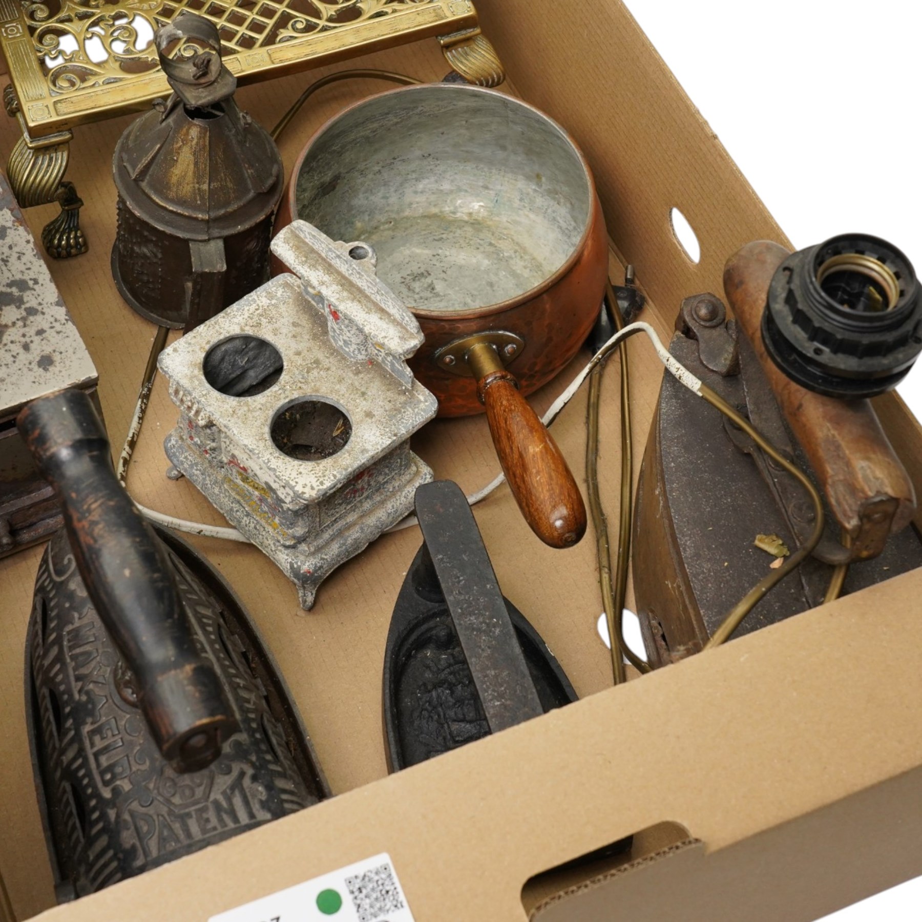 Max Elb, Dresden patent charcoal box iron, two others, flat iron, kitchen scales and weights etc