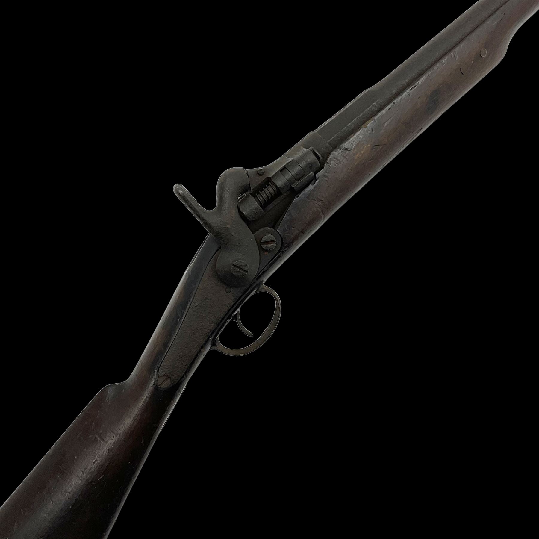 19th century 12-bore single barrel shotgun with Krnka/Werndl type action (converted from a percussion action rifle) with 77cm barrel, L122cm overall RFD ONLY
