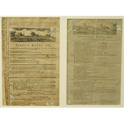 18th century  handbill for 'Leedes Races June 1760' with list of the runners, owners etc 29cm x 17cm, another for 'Wakefield Races September 1773', another 'Preston Races June 1783' with hand written notes down one side, another 'Pontefract September 1803' and another 'Doncaster Races September 1805' in one frame 48cm x 114cm
Notes: The Leedes bill advertises Ordinairies and Cockings.  Ordinairies were fixed price meals offered by various taverns and Cockings were cock fights arranged for entertainment between races 
Provenance: property of a Nobleman