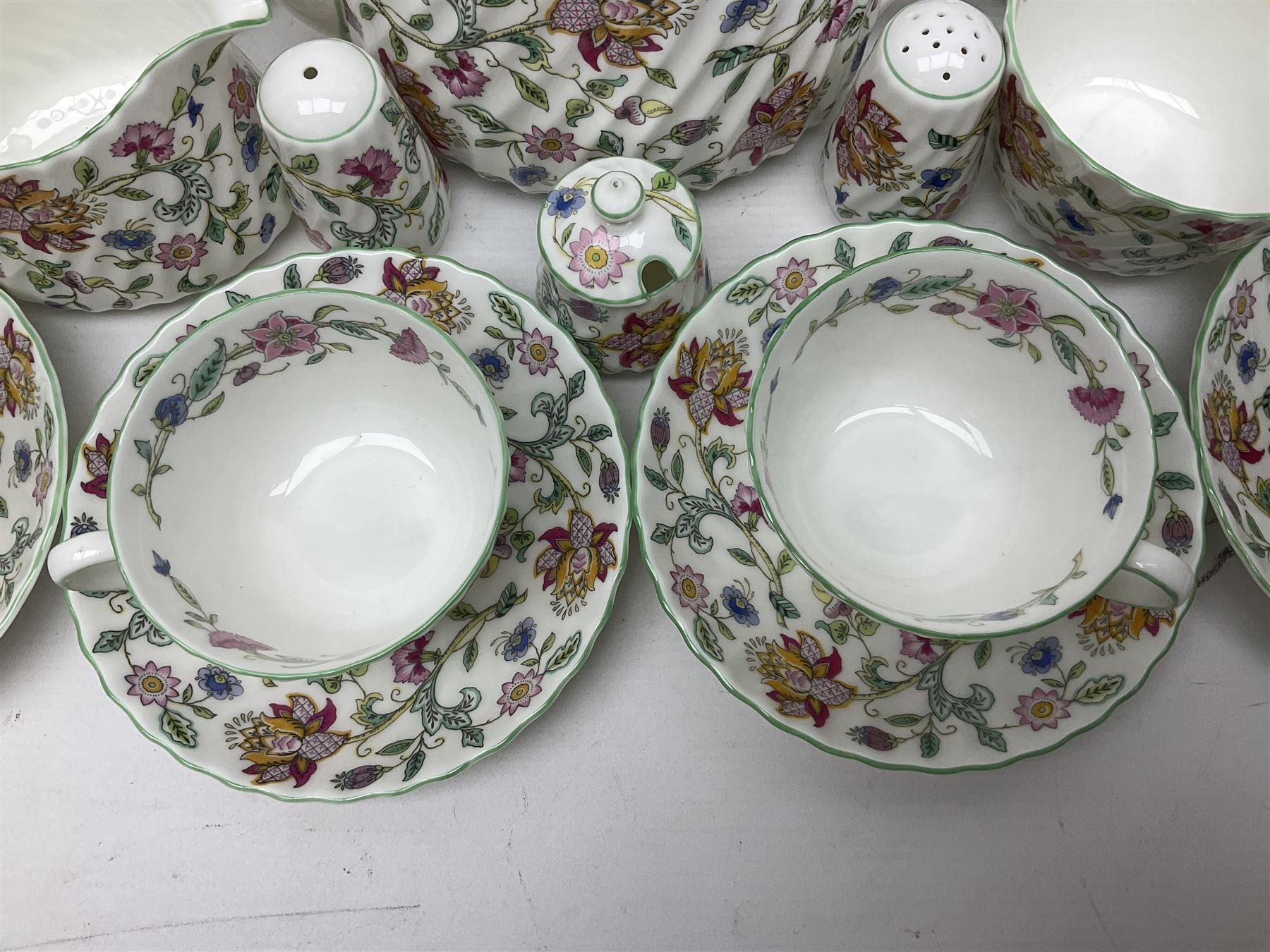 Haddon Hall tea service for six, comprising teapot, open sucrier, milk jug, cups and saucers, dessert plates, one cake plate and cruet set 