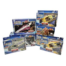 Star wars - Attack of the Clones - Jango Fett Slave 1; Obi-Wan Kenobi's Jedi Starfighter; Reek Arena Battle Beast; Acklay Arena Battle Beast; two x Anakin Skywalker Speeder; and Zam Wesell Speeder; all in sealed boxes (7)