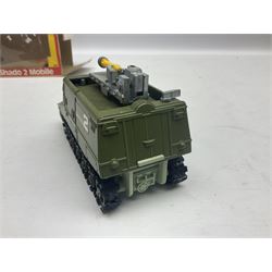 Corgi - die-cast model of James Bond Aston Martin DB5 No.271 with silver body and red interior, gold bumpers and four-spoke wheels, James Bond and two bandit figures; original window box with header card; and Dinky Shado 2 Mobile with one missile No.353; in window box (2)