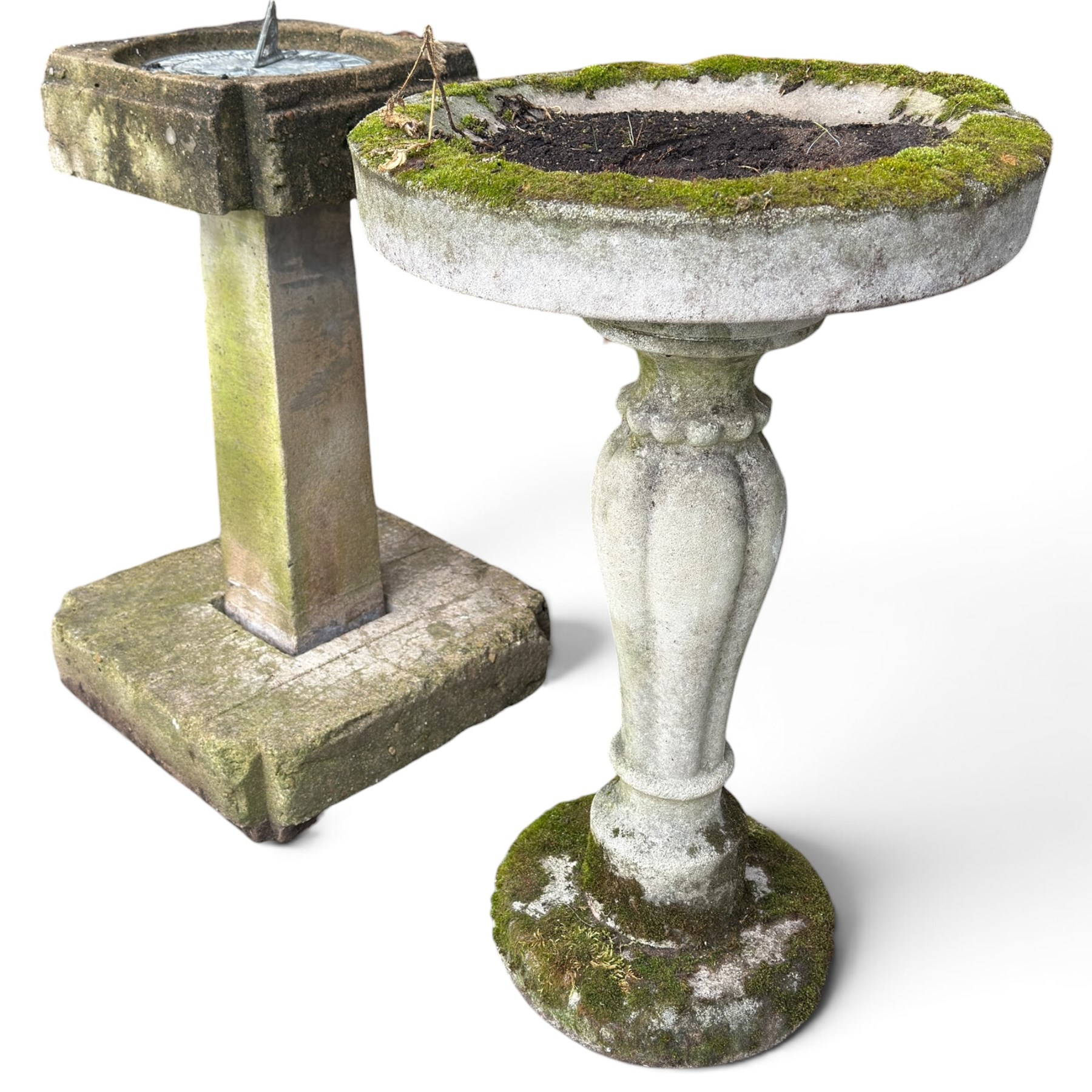 Weathered cast stone birdbath, circular bowl over a lobed baluster pedestal on circular base; weathered cast stone sundial of squared form with re-entrant corners and removable metal sundial with personified death motif