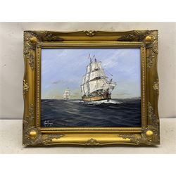 Adrian Thompson (British 1960-): Masted Ships at Sea, oil on canvas signed 40cm x 50cm