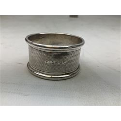 Silver napkin ring, hallmarked Birmingham (weight 13.8g), silver spoon with enamel terminal stamped 813M Finland, two ladies watches, silver plated cutlery and other metal ware