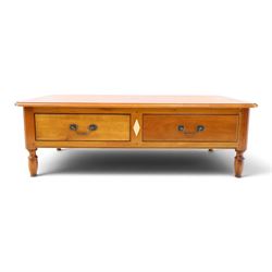 Wesley Barrell - French cherry wood coffee table, rectangular top inlaid with a geometric cross design, stone inlay with two frieze through drawers and metal drop handles, on short turned supports