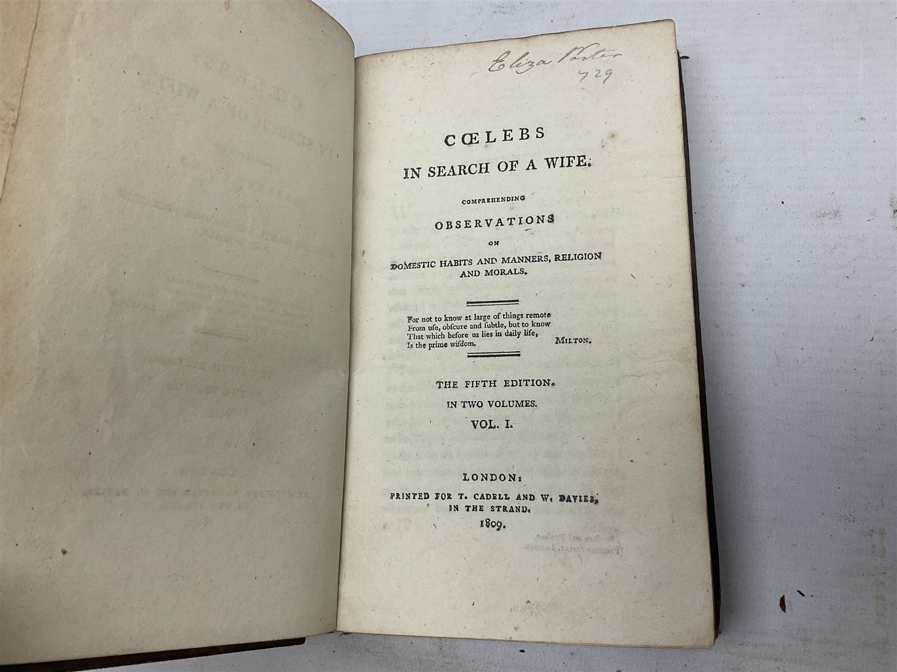  Coelebs; In Search of a Wife, fifth edition in two leather bound volumes London 1809, together with Tome Troisieme; Histoire De Gils Blas De Santillane, two leather bound volumes Paris 1831 and Dramatic Miscellanies one leather bound volume London 