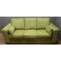  Three seat sofa upholstered in green chenille, W220cm, D87cm   