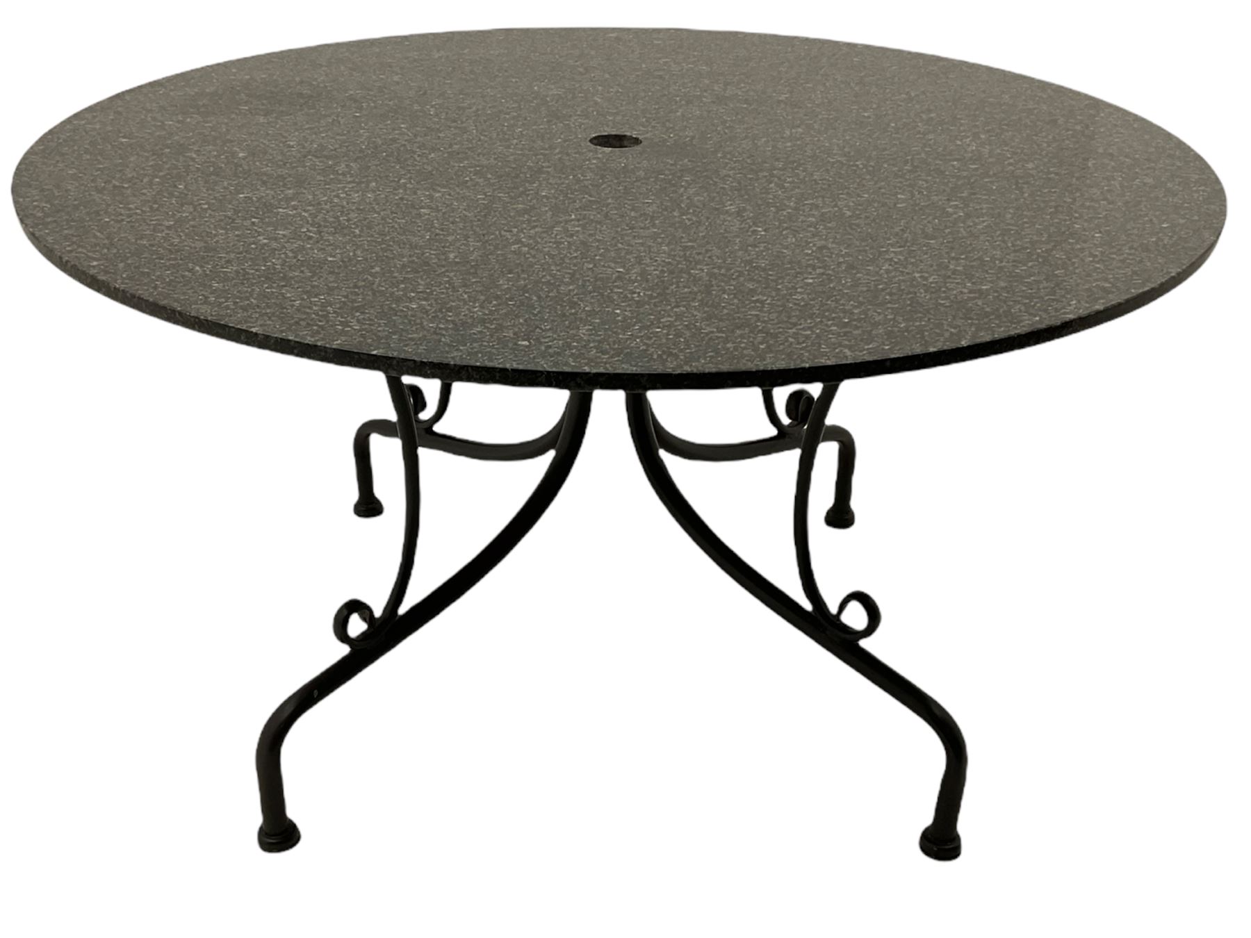 Neptune Furniture - Boscombe black granite and black powder coated steel garden table with circular top, and set five matching black steel garden chairs with loose cushions, with parasol and base.