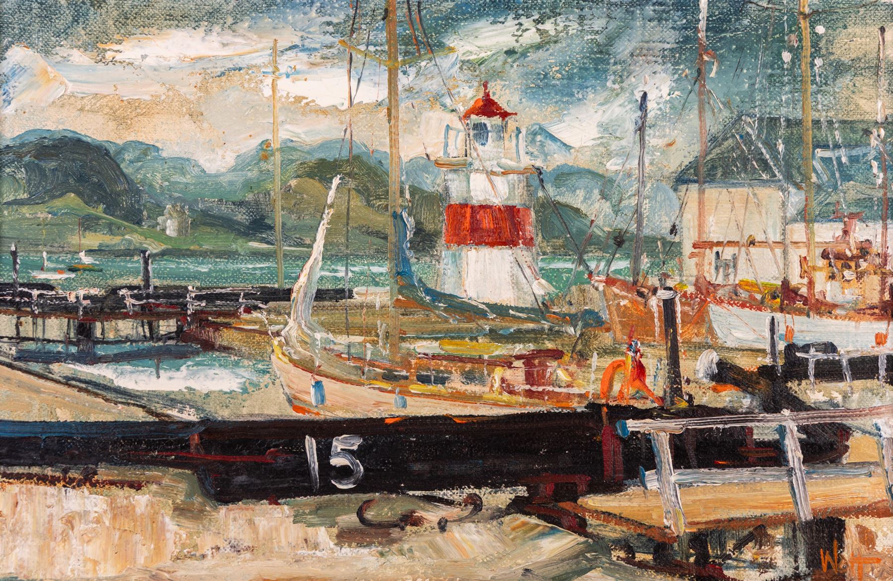 James Watt (Scottish 1931-2022): Crinan Canal Lighthouse and Lock, oil on canvas signed 29cm x 44cm 