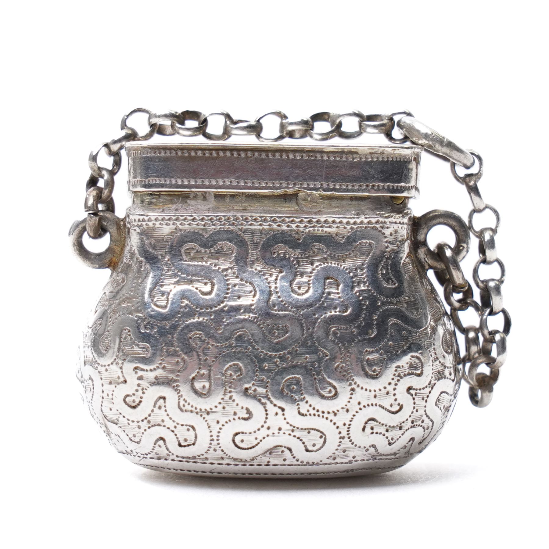 19th century silver vinaigrette modelled as a purse with engraved decoration and hinged grille, marks rubbed, Maker D & Co
