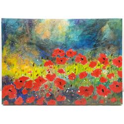 Ann Lamb (British 1955-): 'Poppies', mixed media on canvas signed 50cm x 70cm (unframed)