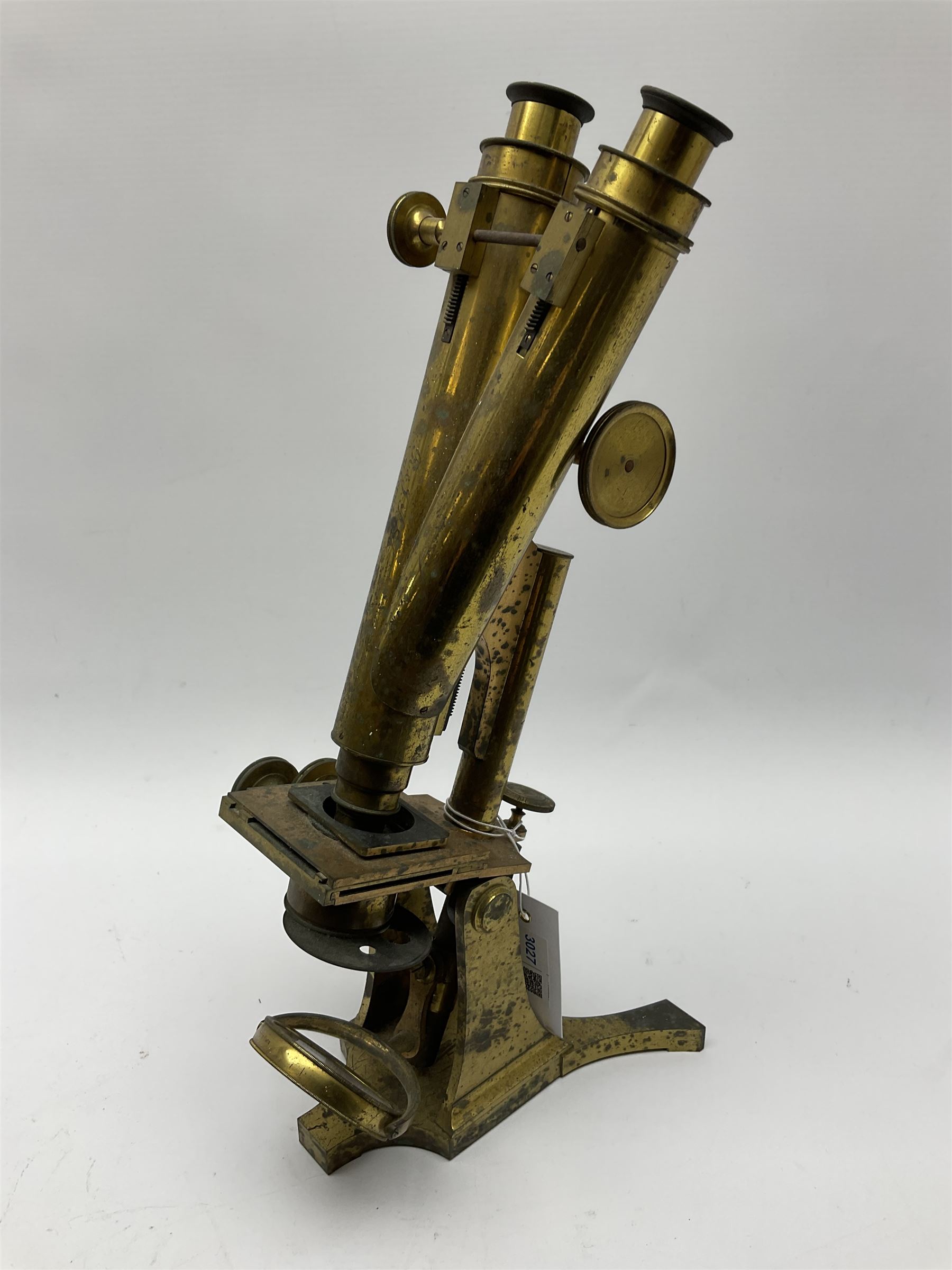 Victorian lacquered brass binocular microscope by R. & J. Beck with rack and pinion and fine focusing, stage fitted with direction adjusters above a plano/concave mirror, the main tube stamped 'R. & J. Beck 31 Cornhill London 5461' H39cm