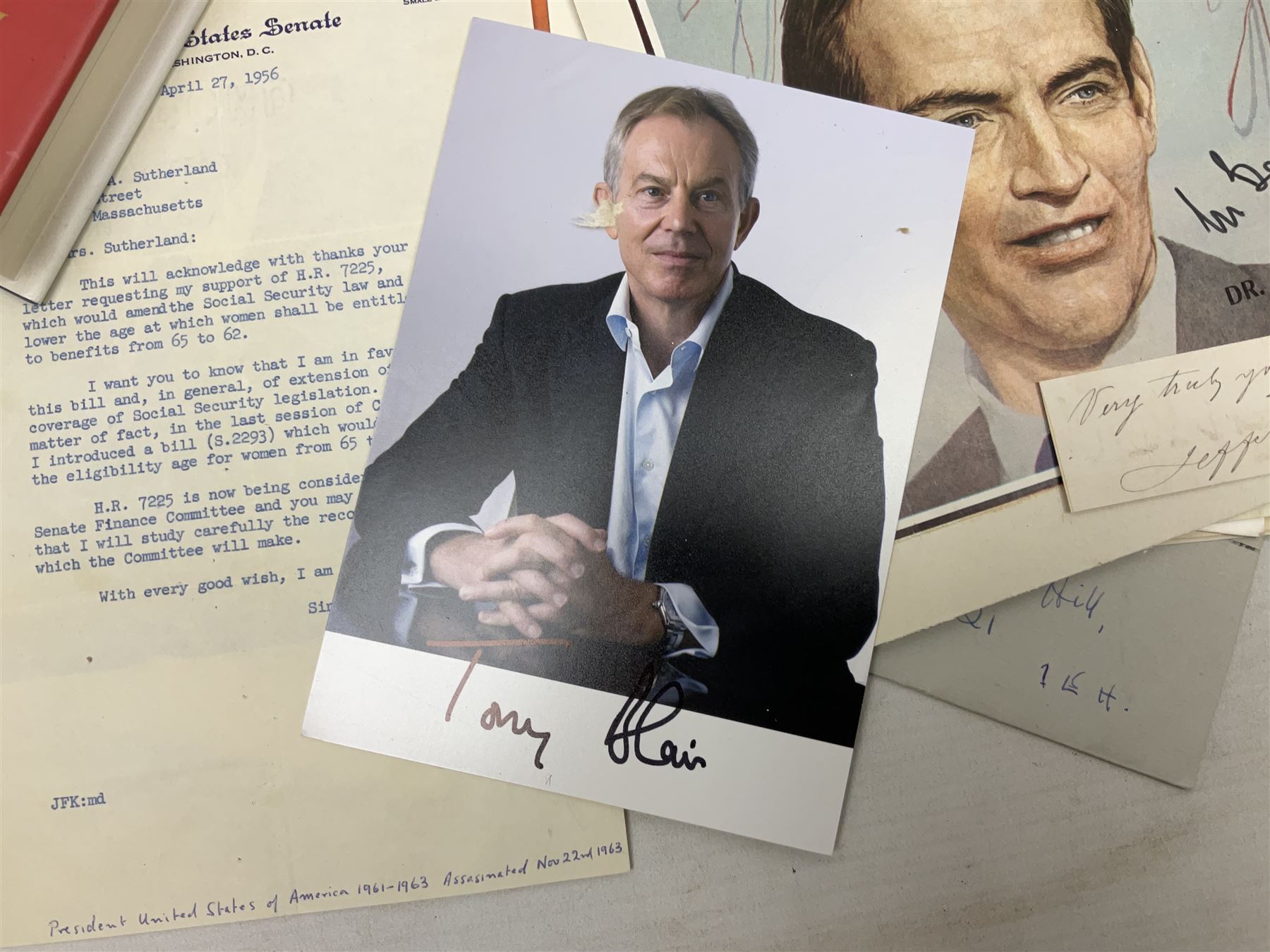 Over five-hundred and fifty autographs and signatures on cards, letters, posters, a book, photographs etc including Jefferson Davis, Lyndon B. Johnson, Orson Welles, Mary Pickford, Mickey Rooney, Peter O'Toole, Julie Andrews, Debbie Reynolds, Diana Dors, Alain Delon, Christiaan Barnard, Monica Lewinsky, Clifford Bax, Dom Mintoff, Pierre Trudeau, Margaret Truman, Marie Stopes, Havelock Ellis, Alfred Piccaver, Elisabeth Schumann, James Doolittle, Will Hays, Jesse Lasky, Billie Whitelaw, Megan Lloyd George, Leni Riefenstahl, Princess Anne & Captain Mark Phillips, Princess Alexandra of Kent & Angus Ogilvy, Prince & Princess Michael of Kent, Laurence Olivier, Leslie Caron, Lillian Hellman, Roddy Doyle, Max Mosley, Charlton Heston, Jerry Lewis, Jeremy Brett, Tallulah Bankhead, Russell Braddon, Marc Chagall, Roy Jenkins, Beatrice Webb, Olave Baden-Powell, Samuel Hoare, Leslie Hore-Belisha, Amelita Galli-Curci, Joan Miro, Tony Blair, Beryl Cook, Giles etc