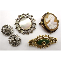  Double strand pearl necklace, silver bangle, pendant locket and ingot hallmarked, cameo brooch, marcasite ear-rings etc  