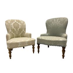 Two Victorian style beech framed upholstered bedroom chairs