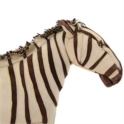 Karen Trower: two zebra sculptures, with leather sew over wood and metal frames, H48cm