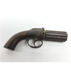 Mid-19th century incomplete six-shot percussion pepperbox revolver, approximately 36 cal., English proof marks, traces of foliate engraving to lock, split walnut grips L21cm