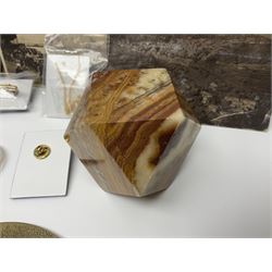 Studio Danielle Old English Sheepdog jewellery including two pairs of cufflinks, necklace and pin, together with similar belt buckle, hardstone tetradecahedron paperweight, postcards and an Imperial War Museum Falklands Conflict coin