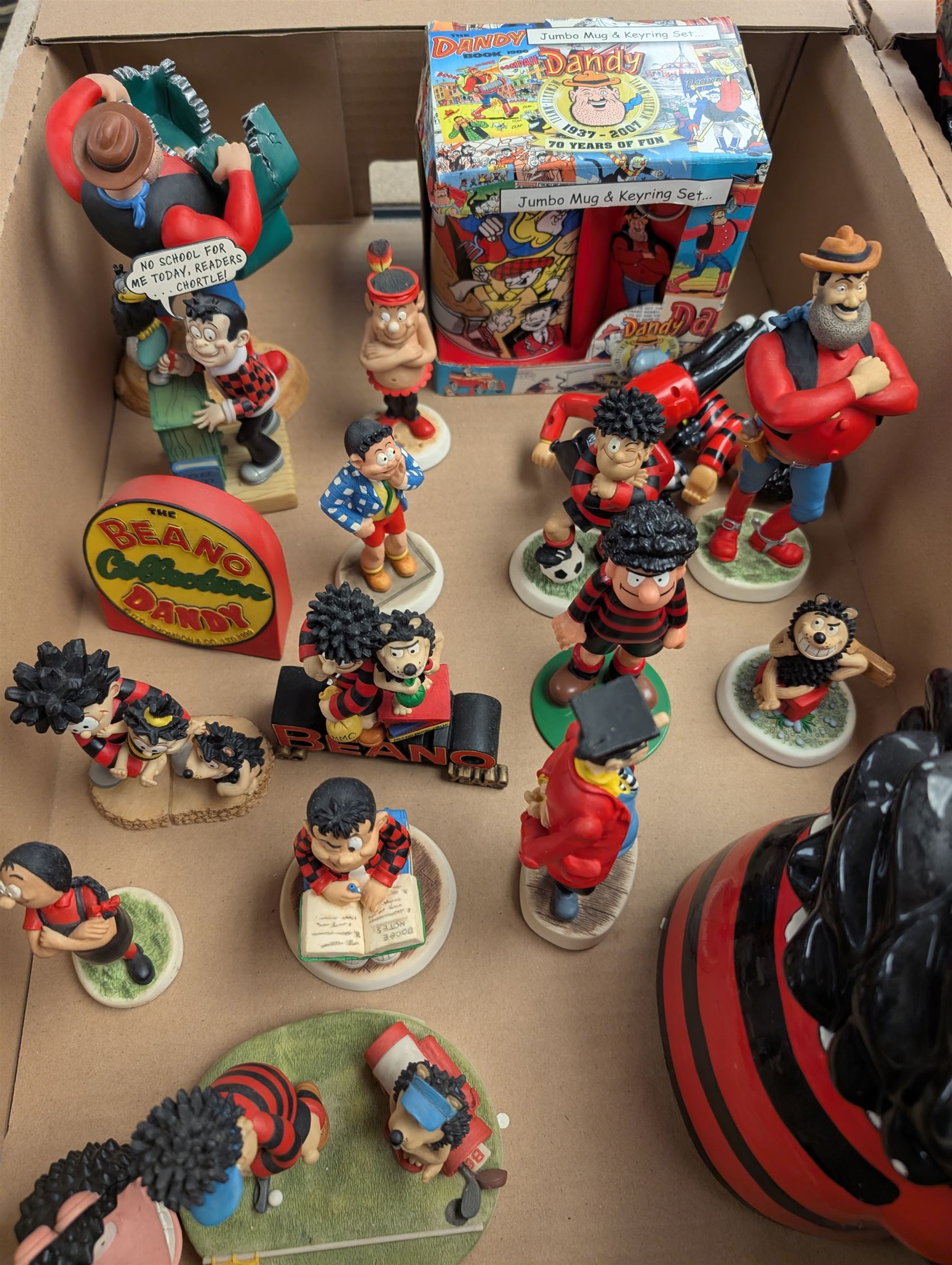 Collection of Robert Harrod The Beano Dandy Collection figures including Desperate Dan, Teach, Rodger the Dodger and Chips together with Beano collectibles including mugs, stamps, etc