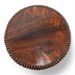 Possibly Gillows - 19th century rosewood tripod table, circular tilt-top with gadroon carved edge, turned column with lobed bands and curled acanthus leaf carved baluster, three out-splayed supports with shell carved knees and scaled ball and claw feet, 

Provenance:
Nidd Hall: acquired by Guy Reed from
Richard Butler, 17th Viscount
Mountgarret, in 1968