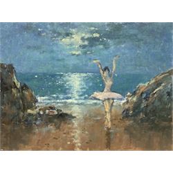 William Burns (British 1923-2010): 'Dancer on the Beach', oil on board unsigned, titled verso 30cm x 40cm (unframed)
Provenance: direct from the artist's family. Born in Sheffield in 1923, William Burns RIBA FSAI FRSA studied at the Sheffield College of Art, before the outbreak of the Second World War during which he helped illustrate the official War Diaries for the North Africa Campaign, and was elected a member of the Armed Forces Art Society. On his return to England, he studied architecture at Sheffield University and later ran his own successful practice, being a member of the Royal Institute of British Architects. However, painting had always been his self-confessed 'first love', and in the 1970s he gave up architecture to become a full-time artist, having his first one-man exhibition in 1979.