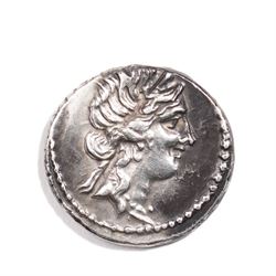 Roman Republic - Julius Caesar (49-44 BC): Silver Denarius coin, obverse head of Venus right, reverse Aeneas advancing left carrying Anchises and holding the Palladium, CAESAR in field; 47-46 BC, military mint travelling with Caesar