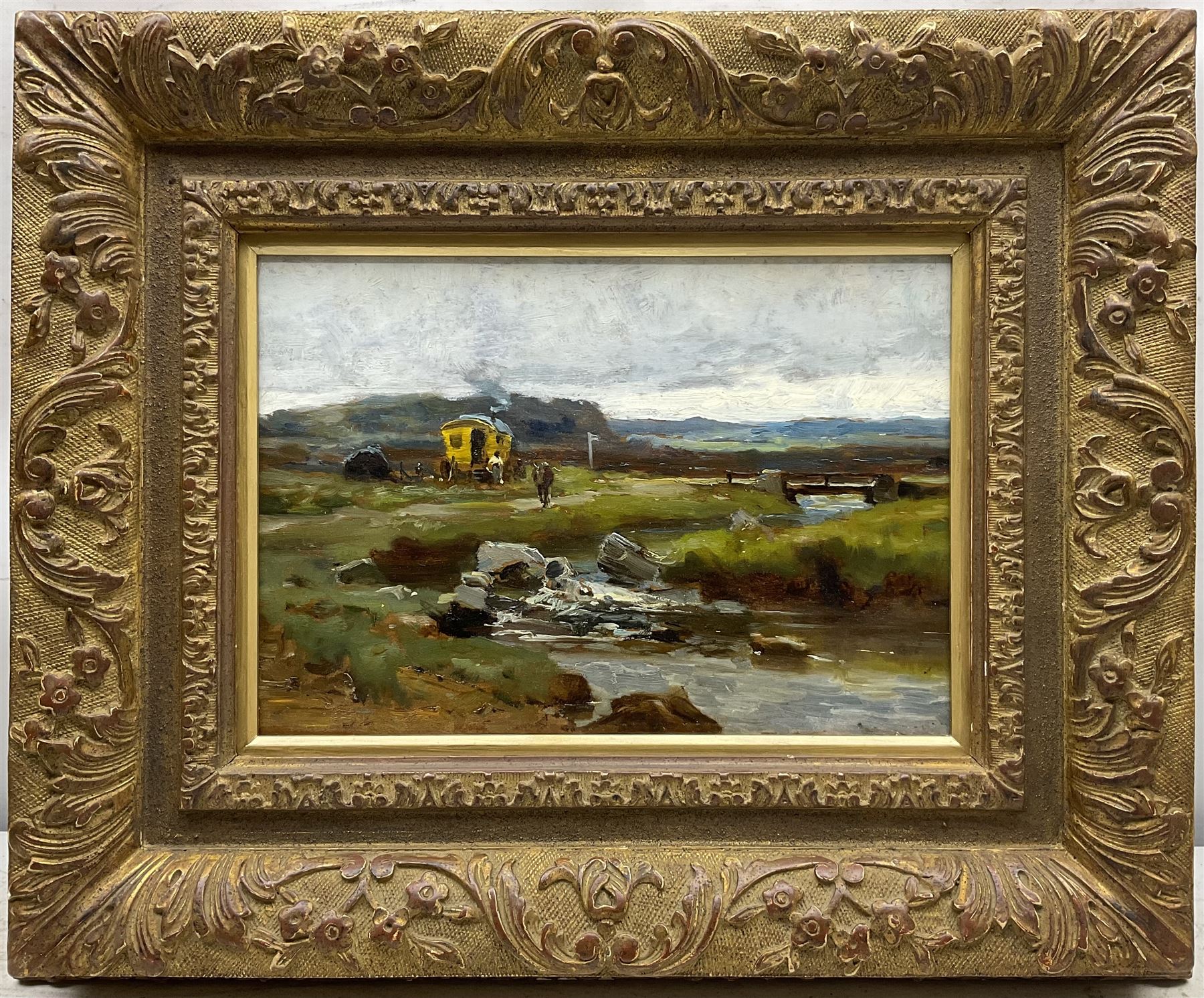 English School (Early 20th century): Gypsy Caravan near an Upland Stream, oil on panel unsigned 19cm x 27cm