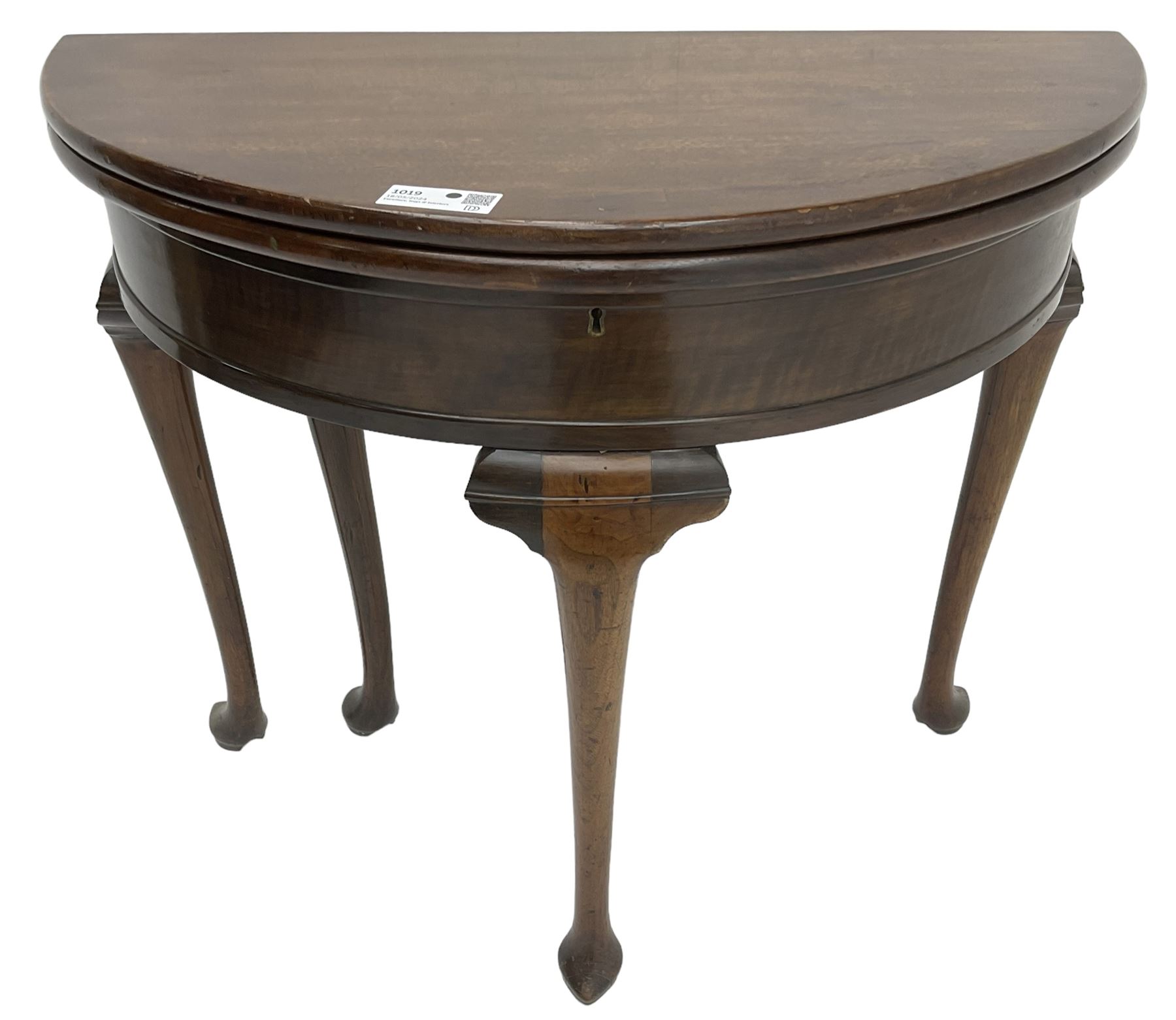 19th century walnut demi-lune side table, hinged two leaf top revealing storage well and flat surface, single gate-leg action base, on cabriole supports with pointed feet