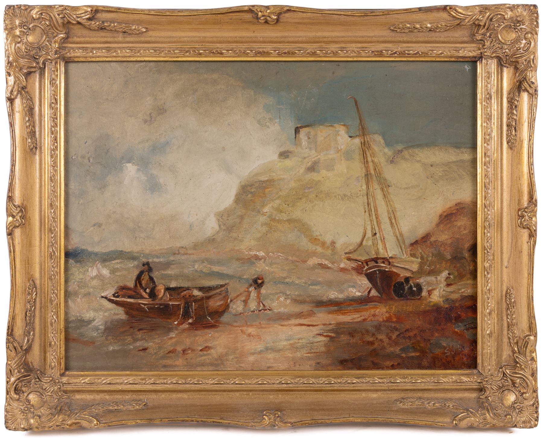 English School (Early 20th Century): Boats Washed Up on the Coast, oil on board indistinctly signed and dated 1915, 20cm x 40cm 