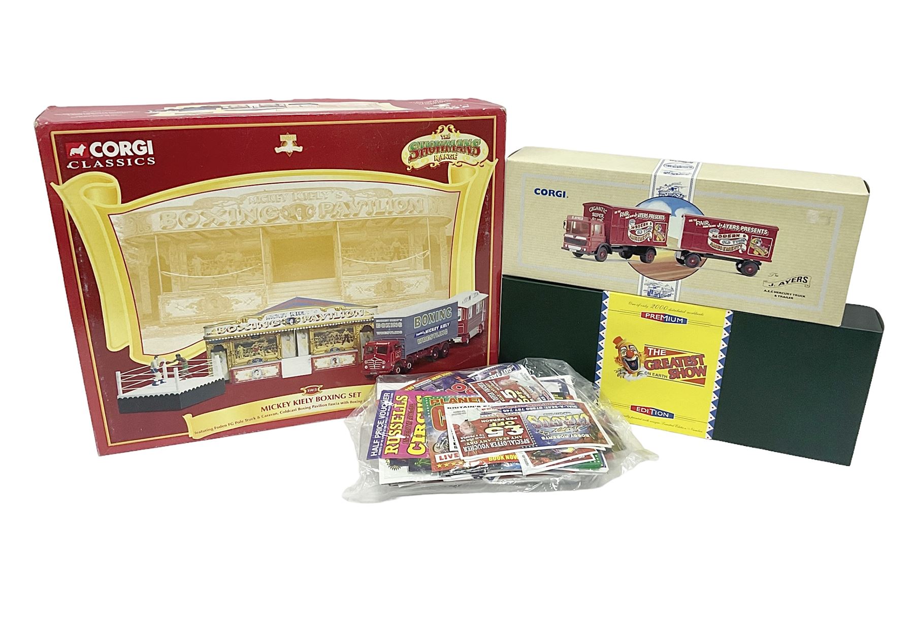Corgi - Showman's Range 31012 Mickey Kiely Boxing Set; Premium Limited Edition The Greatest Show on Earth CC12606 Scammell Crusader Box Trailer Robert Bros.; limited edition 97893 A.E.C. Mercury Truck and Trailer J. Ayers; all boxed; together with large quantity of circus tickets, hand bills. flyers etc