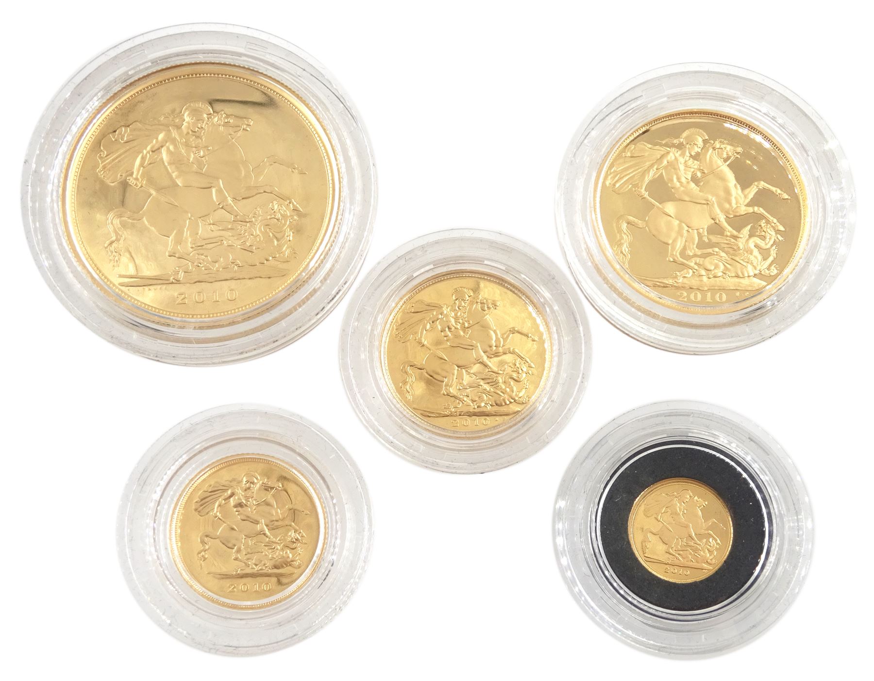 Queen Elizabeth II 2010 'Gold Proof Sovereign Five-Coin Collection', comprising 22ct gold five pound, double sovereign, full sovereign, half sovereign and quarter sovereign coins, cased with certificate