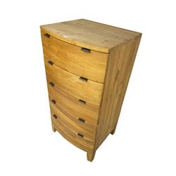 Tall light oak chest, fitted with five drawers