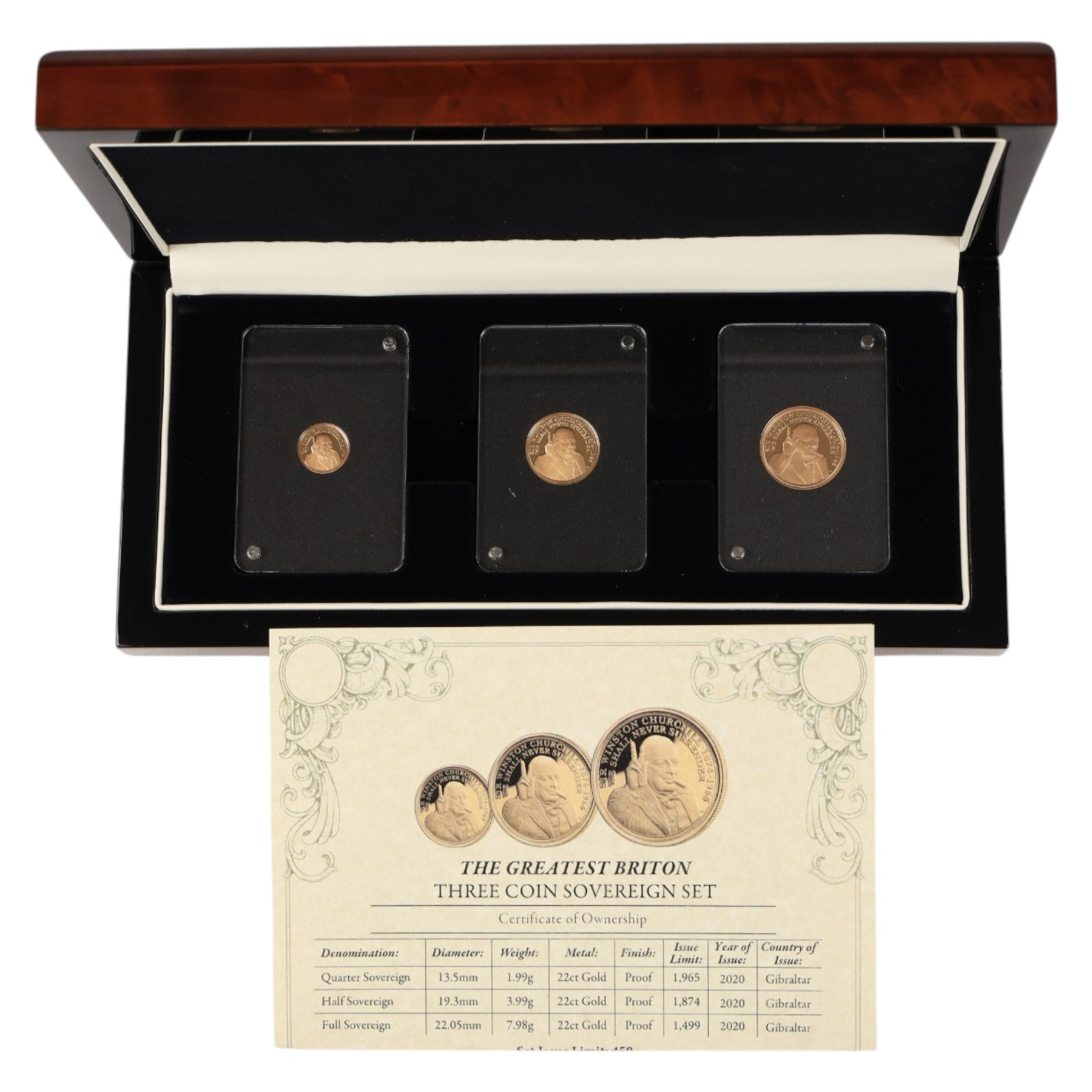 Queen Elizabeth II Gibraltar 2020 'The Greatest Briton' three coin sovereign set, full to quarter sovereign, issued by The London Mint Office, cased with certificate