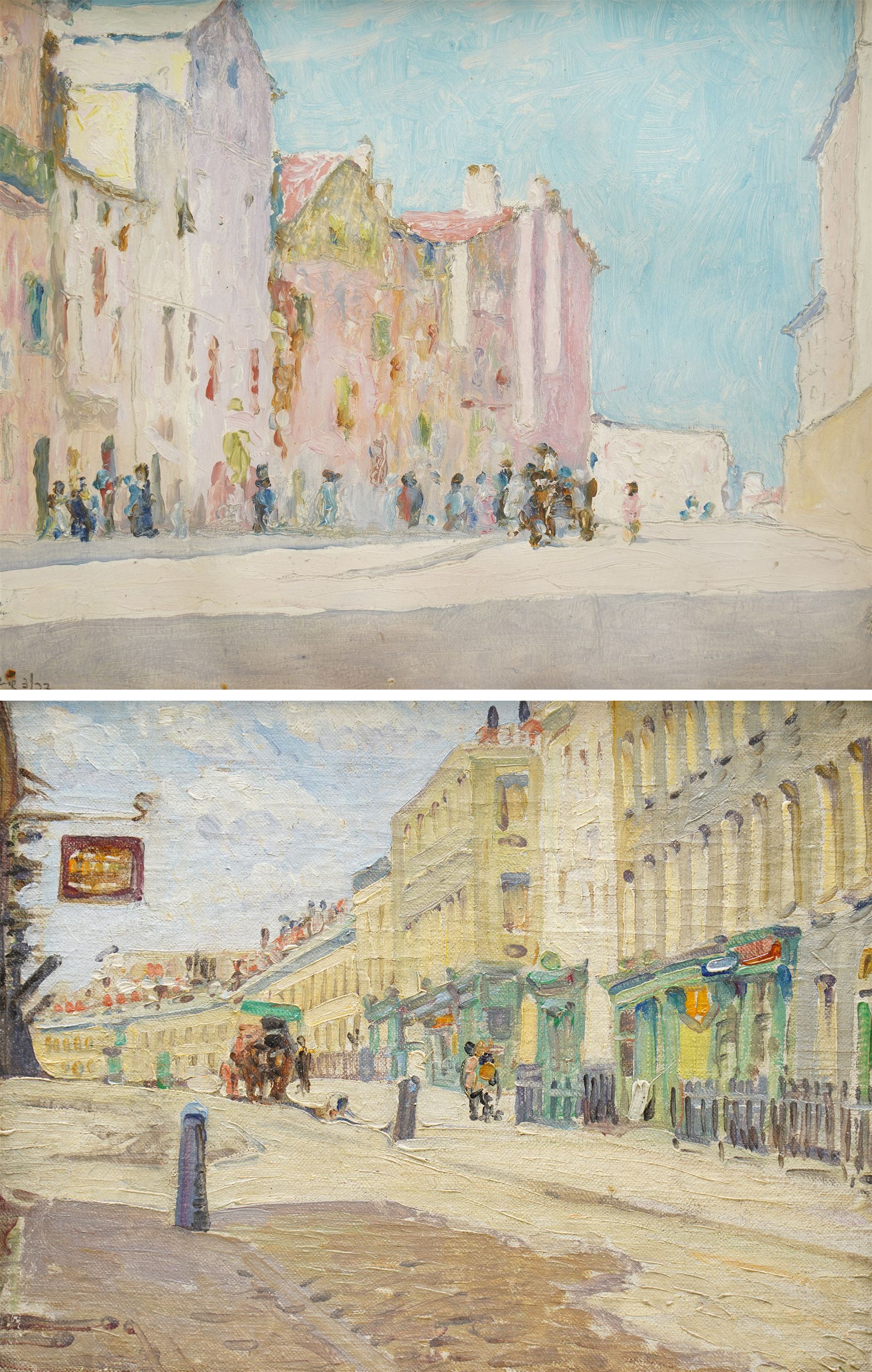 Attrib. Edgar Wood (British 1860-1935): Continental Street Scene with Figures, two oils one indistinctly signed max 22cm x 27cm