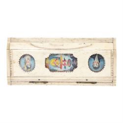 French Napoleonic Wars prisoner of war bone snuff box 1805-20, with coloured insets in the hinged lid depicting a man and woman facing each other with a central image of two hearts pierced with an arrow, H2cm, L9cm 