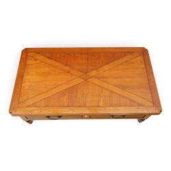 Wesley Barrell - French cherry wood coffee table, rectangular top inlaid with a geometric cross design, stone inlay with two frieze through drawers and metal drop handles, on short turned supports