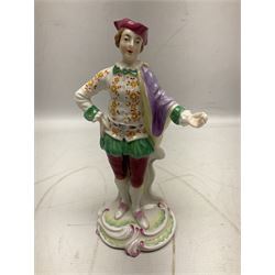 Seven Spode Chelsea figures, comprising no.1, no.2, no.3, no.4, no.6 and two further smaller examples, together with a Dresden figure of a gentleman, no. K10003, and a Delft style figure of a boy, some with boxes, tallest H23cm (9)