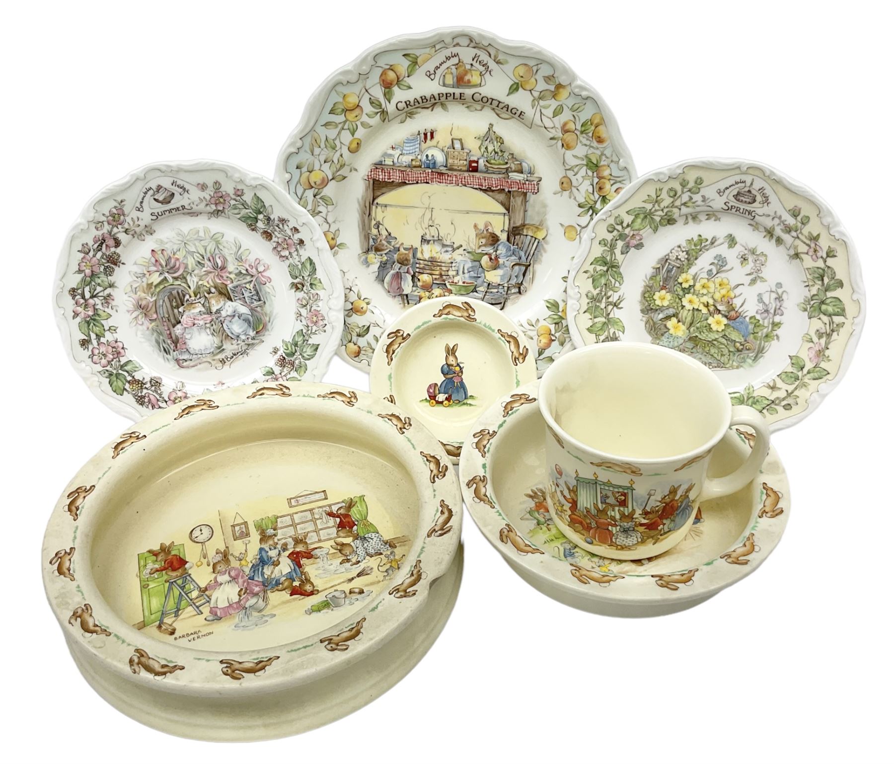 Royal Doulton Brambly Hedge plates comprising Crabapple Cottage, Spring and Summer, together with Royal Doulton Bunnykins nursery plate, bowl, cup etc