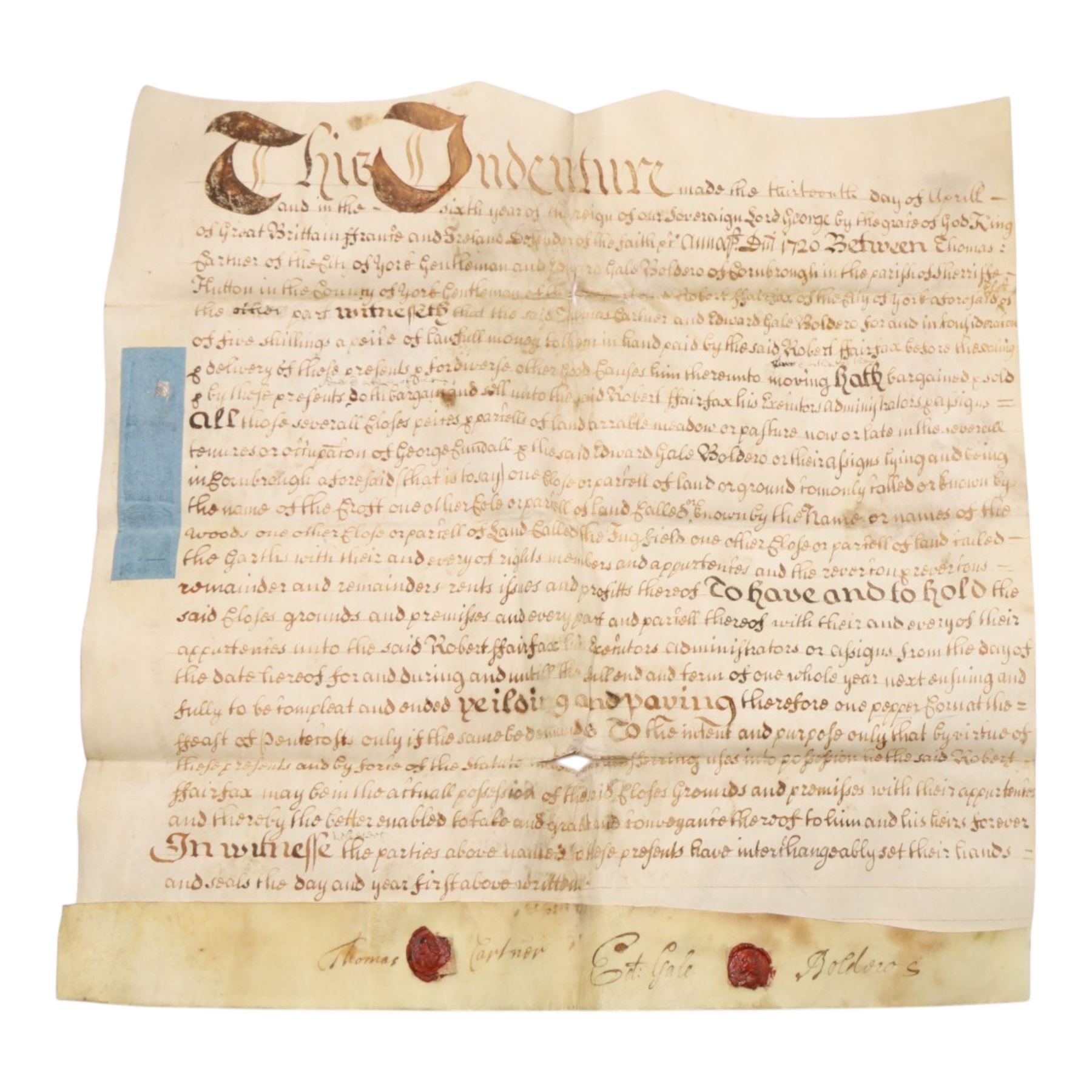 Boldero/Barnard family and Cave Castle estate interest - collection of 18th century vellum indentures and legal documents relating to the Boldero and Barnard families, including York city property in St Helen’s, Stonegate and Swinegate, the manor of Cornbrough in the parish of Sheriff Hutton, and later Henry Boldero Barnard of Cave Castle estate papers, with parties including Robert Fairfax, Jonathan Barnard, John Kilvington and John Lund, dated 1716-1786, with wax seals (approx. 15)
