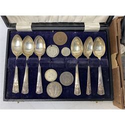 Five silver Coronation spoons by R Bond & Co, hallmarked Sheffield 1934 and 1935, together with another further stamped Nc Co, and 1934 Irish silver Florin, Switzerland 1967 1/2 Franc, Sweden 1875 Krona, 1 Franc etc