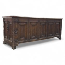 18th century oak five panel chest, with planked top with chamfered edges, hinged top enclo...