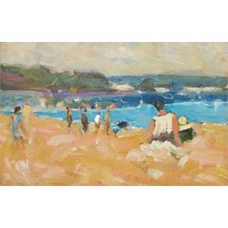 Impressionist School (20th century): Figures on the Beach, oil on board unsigned 14cm x 22cm