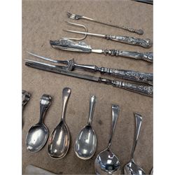 Group of silver and silver handled cutlery, including caddy spoons, thimble, propelling pencil, fruit knife, etc, all stamped or hallmarked