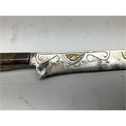 19th century Algerian Flyssa long knife, the 34cm single edged pointed decorative blade inset with yellow metal, chased brass grip with pommel as the snout of a stylised animal and carved hardwood scabbard L45cm overall