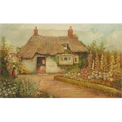 John Syer Jnr (British 1846-1913): Sheep on a Country Lane, oil on board signed 33cm x 44cm; F Fletcher (19th century): Country Garden, oil on canvas signed 40cm x 63cm (unframed) (2)